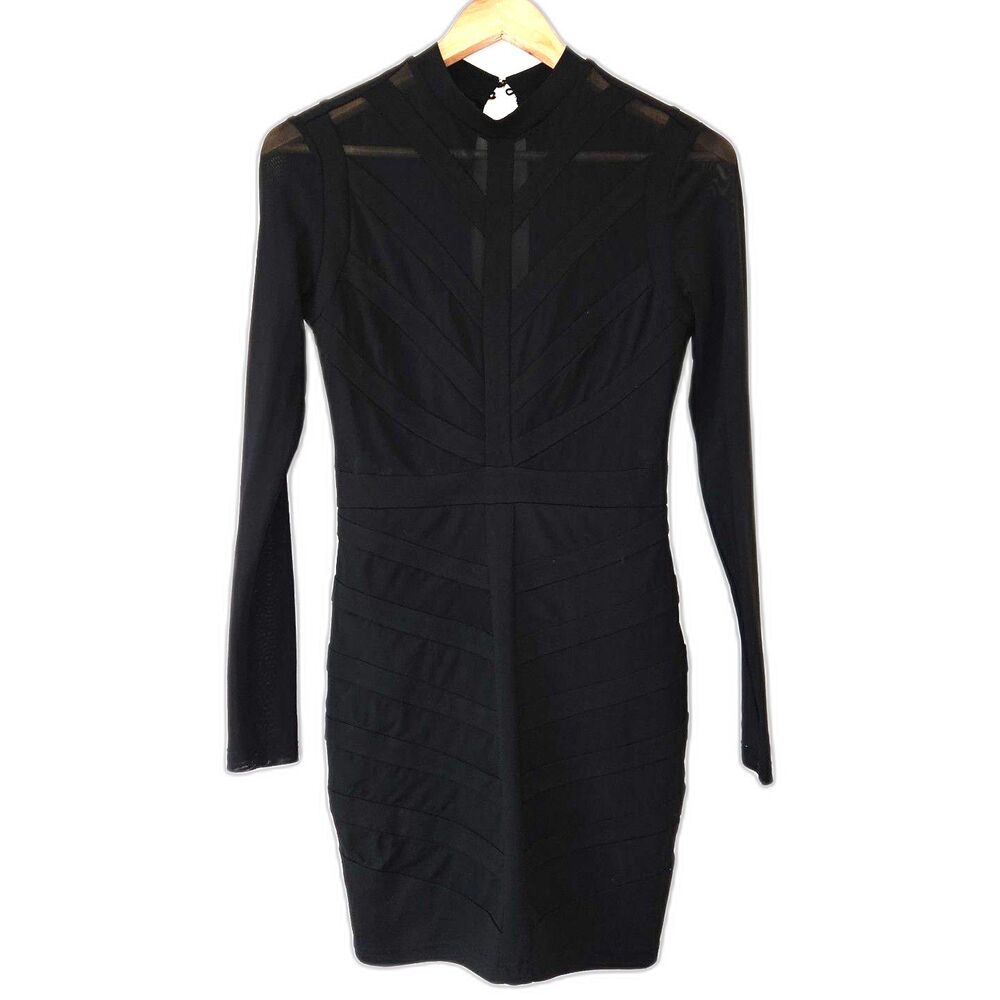 EDGE Bodycon Mesh High Neck Long Sleeve Modern Mini Dress Medium